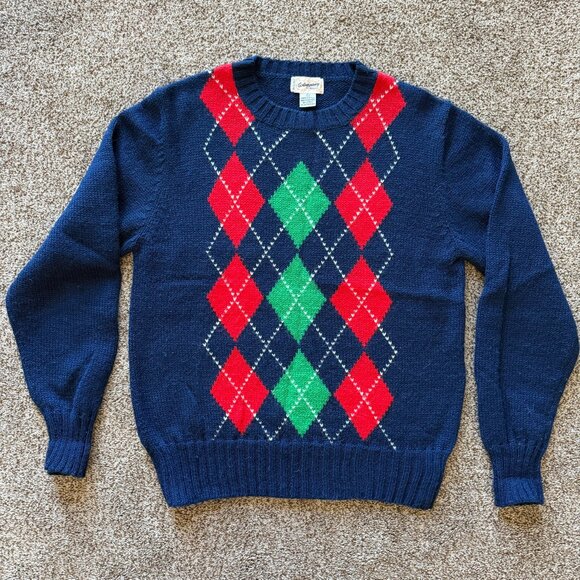 Vintage 80s Preppy Argyle Diamond Knit Sweater Blue Large - Picture 2 of 6